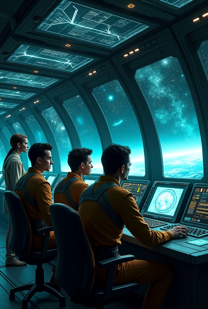 The cockpit of a futuristic spaceship, filled with advanced controls, holographic interfaces, and panoramic windows showcasing the vastness of space. The control panels are illuminated with soft blue and green lights, showing real-time data and star maps. The three male crew members are seated at the front, focused on piloting and navigation, while the two female crew members are standing behind them, analyzing incoming data on holographic screens. The atmosphere is intense and focused, with the team working in perfect synchronization to navigate the spacecraft through a star-studded galaxy.
