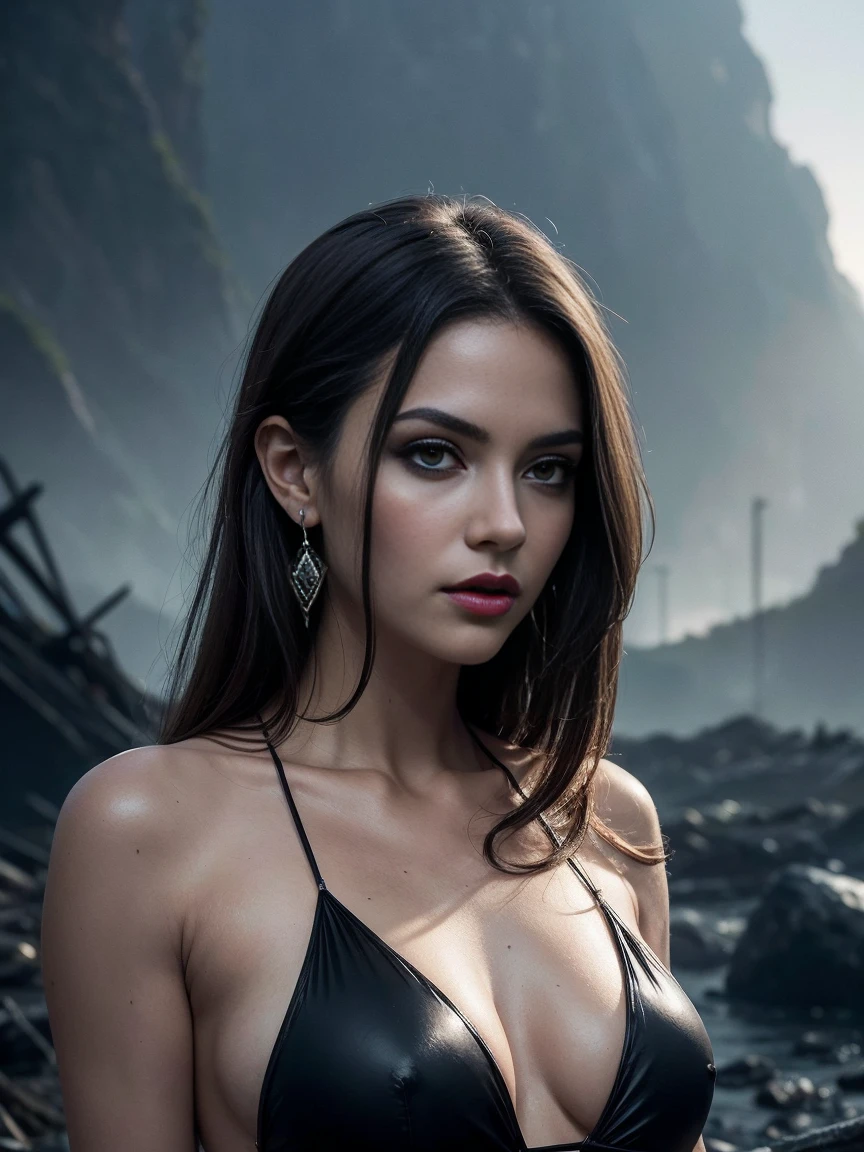 ((masterpiece), best quality, high quality, professional quality, highly detailed, highres, perfect lighting, natural lighting), Being compressed or expanded, one-piece swimsuit, Heiress, Short, Thin, Triangular Face, Fair Skin, Dark Brown Hair, Amber Eyes, Narrow Nose, Full Lips, Prominent Chin, Shoulder-Length Hair, Wavy Hair, Formal Updo, asymmetrical breasts, Dangle earrings, lavender stain lipstick, Dripping liquid cascades, Misty river valley,visionary, cutting-edge laboratory, A volcanic planet with constant eruptions and rivers of lava, providing abundant geothermal energy for its inhabitants., Post-Apocalyptic Wasteland, vampire