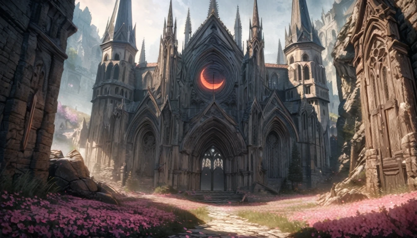 anime aestetics, fantasy landscape, medieval cathedral, broken walls, tall old wooden doors, black old broiks, broken road leading to the old cathedral, red solar eclipse, a lot of pink flowers with pointy petals, dark souls 3 eclipse, wide shot, front view, berserk eclipse, tragic atmospher, sad atmosphere,   4k, masterpiece:1.4, best quality,4k,high resolution ultra detailed, retina