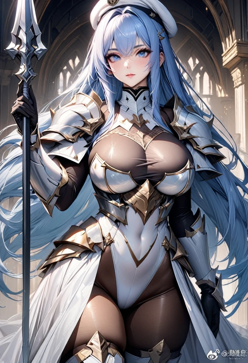 ((highest quality)), ((masterpiece)), ((hyperrealistic)), (solo), 1girl, ((curvy)), ((skindantation: 1.2)), perfect face, ((Azur Lane)), ((armored long skirt dress: 1.2)), ((paladin armor)), ((skin-tight high neck white leotard: 1.4)), ((white knight armor breastplate)), ((skin-tight black Investigator Bodystocking)), ((large pauldron)), (long gauntlet gloves), ((light blue hair straight long hair)), ((large breasts that look like they might burst)), (pantyhose thighs), (white knee-high boots), ((see through cleavage cutout)), zettai ryouiki, white military beret, beautiful blue eyes, Perfect hands, perfect fingers, A magical spear decorated with luxurious goldwork., prepare a spear, makeup,