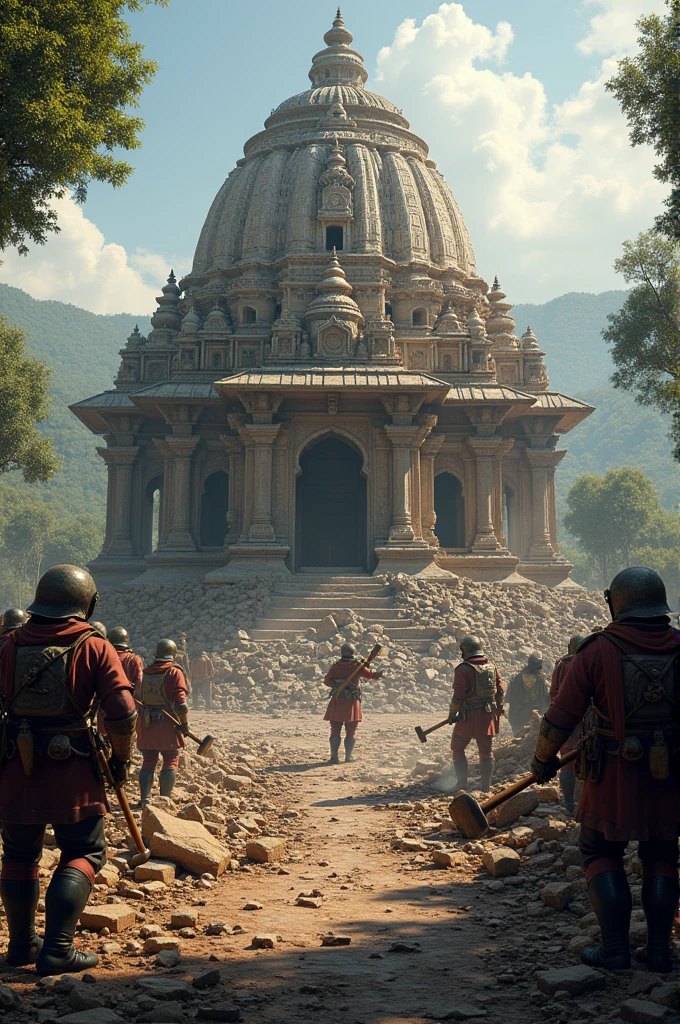 A temple which is being demolished by the Mughals.