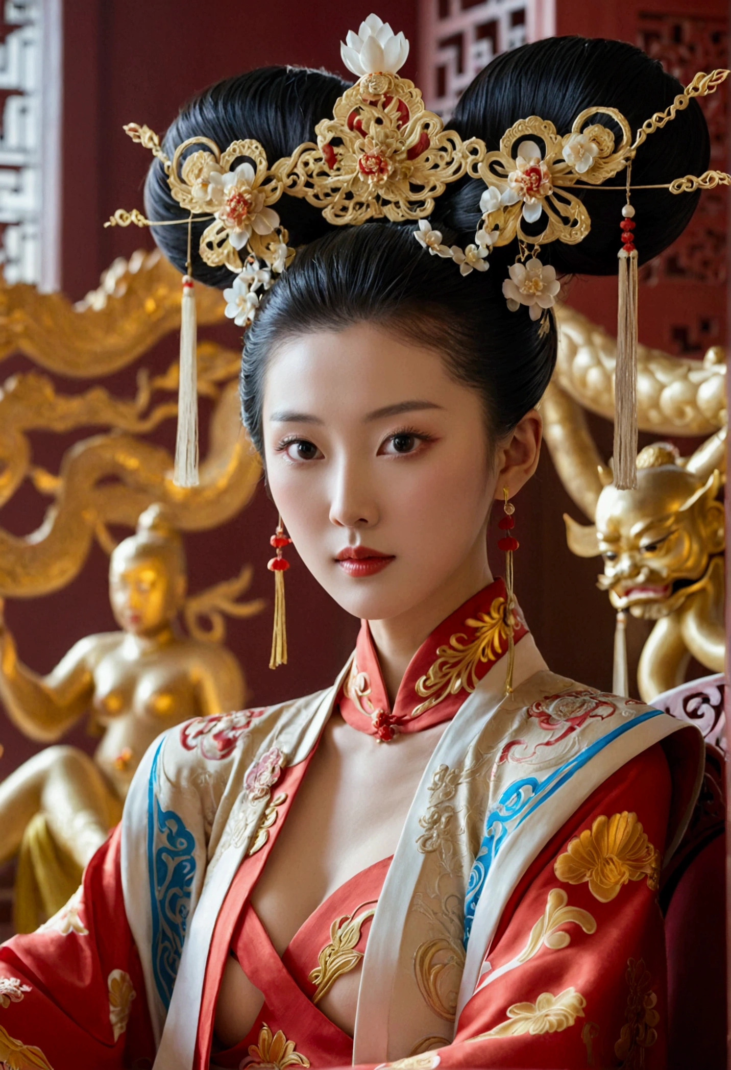 The naked Empress of the Qing Dynasty, sitting naked on a large throne, with a huge bust.(Porn Pose) A gorgeous Chinese imperial empress with her hair tied on both sides and wearing a crown、Background of kinky and erotic woman tying her hair、The story is set in the luxurious rooms of an empress in the Chinese imperial court during the Qing dynasty.。