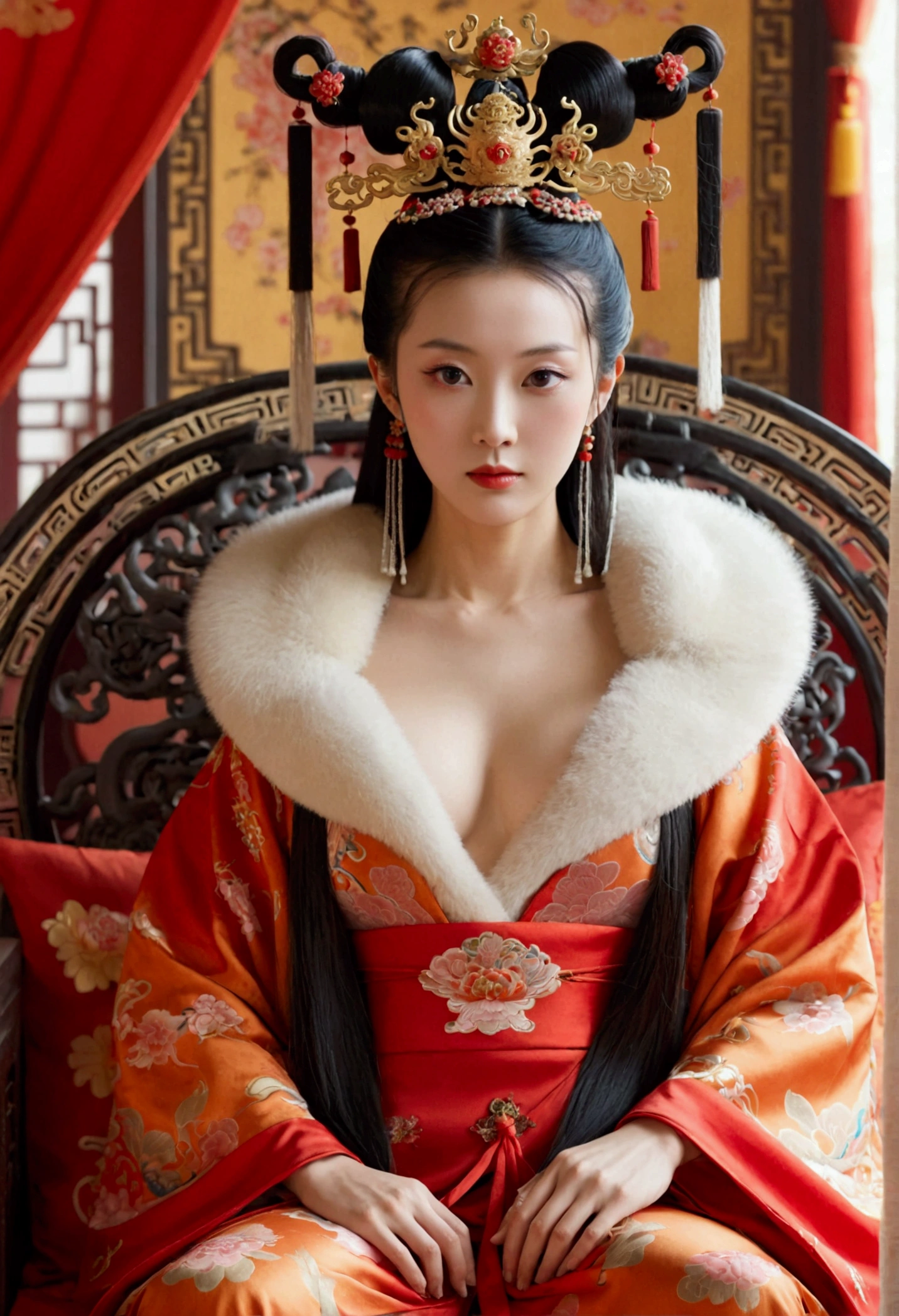 The naked Empress of the Qing Dynasty, sitting naked on a large throne, with a huge bust.(Porn Pose) A gorgeous Chinese imperial empress with her hair tied on both sides and wearing a crown、Background of kinky and erotic woman tying her hair、The story is set in the luxurious rooms of an empress in the Chinese imperial court during the Qing dynasty.。