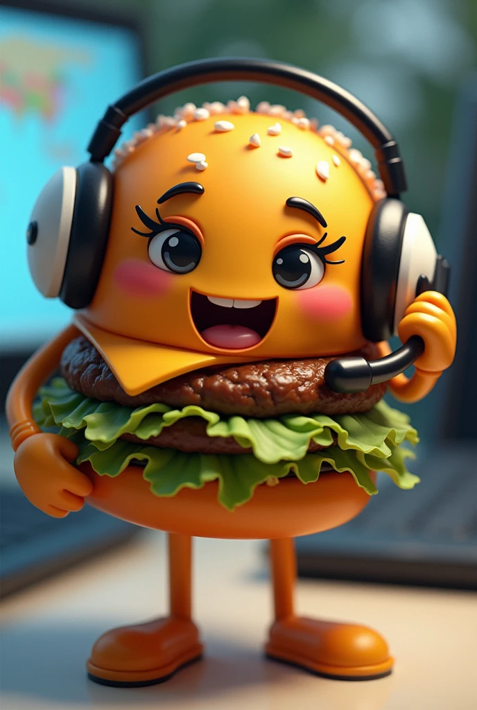 A burger with a call center headset and a handle with eyelashes and the gay flag