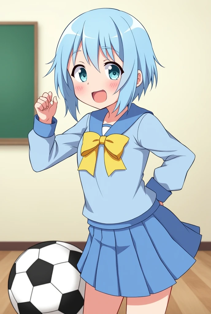 Light blue hair、Very Short Hair、Just the sideburns are long.、Light blue sailor suit、Light blue pleated skirt、Large yellow ribbon、classroom、soccer ball、smile、Saki Nijino