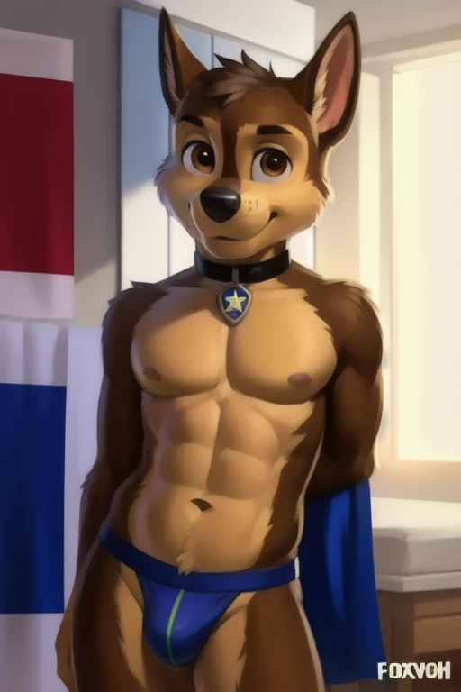 detailed fluffy fur texture, impasto impressionism, (by foxovh, ross tran, michael garmash, pino daeni, iskra), detailed eyes, highly detailed pupils, single, furry, anthro, Chase-pp, domestic dog, male, brown eyes, Brown fur, light brown body, fur body, completely naked in blue jockstrap, detailed texture of fluffy fur, curves, wide hips, furry inner ears, front view, standing, with LGBT flag, apartment interior background, day, 1 adult, smile,