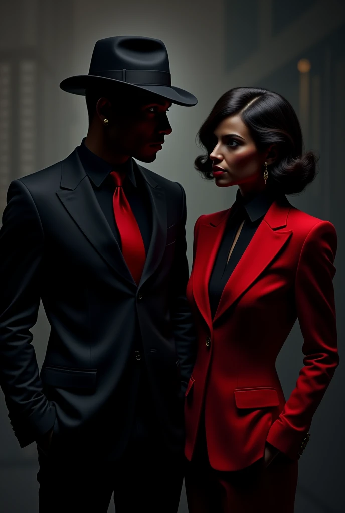 Create a black man in a suit and black hat with a red tie, from beside, Create a woman in a black and red suit. Make the background night and dark, in an atmosphere of mystery
