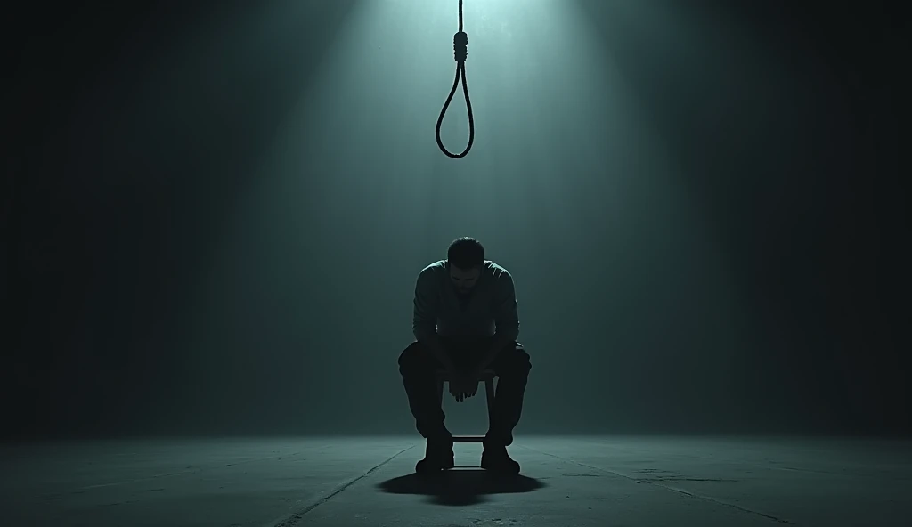 A top of the stool sitting man ready to suiciding in a dark wide room with hang up