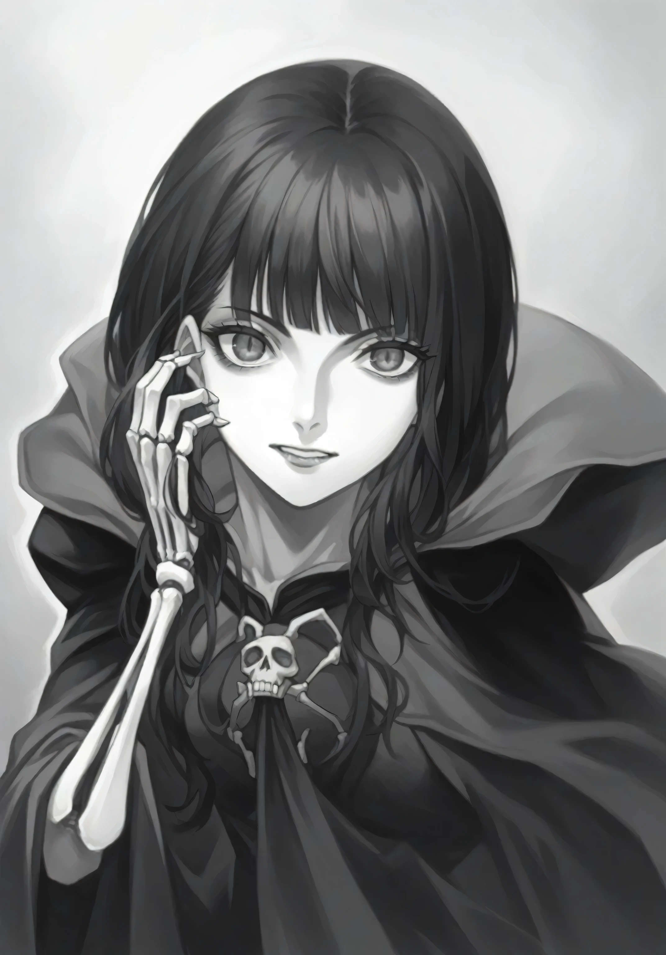 a black and white photo of a woman with long hair holding a skeleton hand, gothic maiden anime girl, anime skull portrait woman, black and white manga style, detailed portrait of anime girl, portrait gapmoe yandere grimdark, from berserk, digital manga art, 1 7 - year - old anime goth girl, l vampire, artgerm. high detail