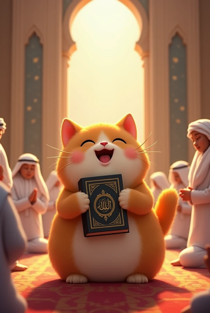 A big cute hppy cat hand Qur'an and his crying and his wearing Dubai cloth and others people pray namaz