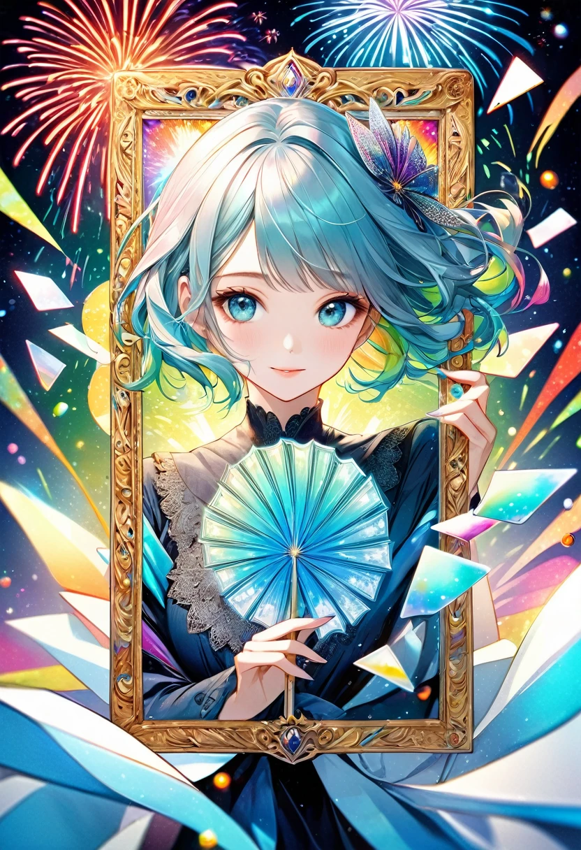 selfie portrait, beautiful woman, all Tiffany Blue, tarot cards style frame, fusion of watercolors and oil paintings, fusion of paper cutting and shadow puppetry, shading effects, gradation magic effects, glitter effects, (ultra detailed, absolutely resolution, best quality:1.3), 2.5D, delicate and dynamic, artistic photography, hyper realistic, graphic CG digital art, (background rainbow fireworks)