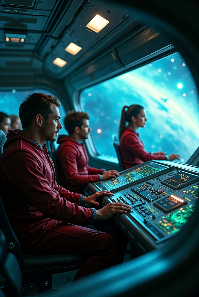 The cockpit of a futuristic spaceship, filled with advanced controls, holographic interfaces, and panoramic windows showcasing the vastness of space. The control panels are illuminated with soft blue and green lights, showing real-time data and star maps. The three male crew members are seated at the front, focused on piloting and navigation, while the two female crew members are standing behind them, analyzing incoming data on holographic screens. The atmosphere is intense and focused, with the team working in perfect synchronization to navigate the spacecraft through a star-studded galaxy.