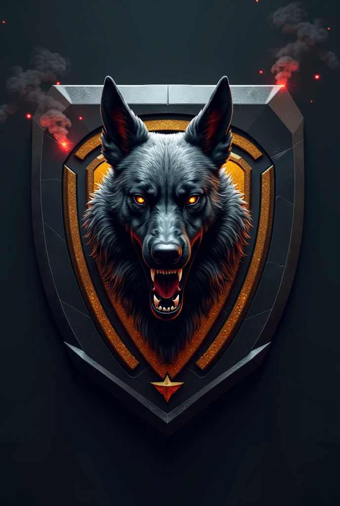 Logo grey white black malinois greyhound mix malinois , black head, wearing turbo, standing and roaring angry facing forward, grey black body color, futuristic and dynamic design. The dog has a bepita in the reflection. The red yellow color object star that is emitting smoke. silver and red yellow black hologram emblem, logo black dark background