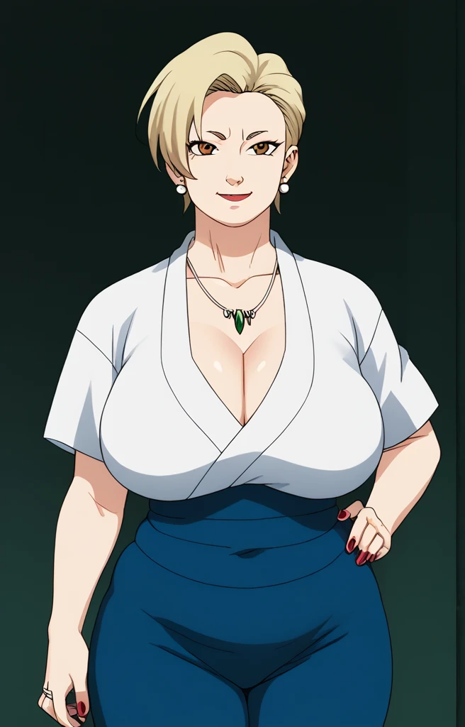 Tsunade senju,Big breast,Sagging big breast,Hitozuma,cleavage,uzumaki clan symbol in outfit,Wringkle,wedding ring,Sleeve outfit,old lady,Wringkle in face,Grandma who still have sexy body,Gilf,standing,potrait,Uzumaki tsunade,Plump,Sleeve,Wide hips,1girl,Solo,Tsunade necklace,Shirt with cleavage And uzumaki clan symbol,Double chin,big green Pearl earring,undercut fade hair