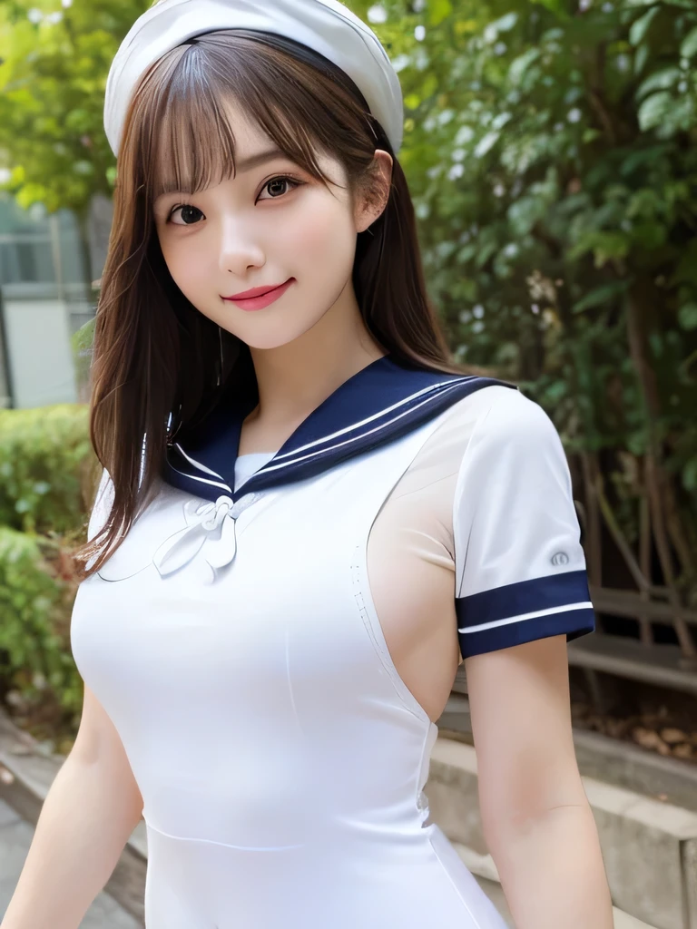 highest quality、High resolution、8k wallpaper、detailed and beautiful eyeedium hair、(beautiful big breasts:1.3)、Natural color lip、Bold sexy pose、smile、(A woman wearing a white short-sleeved sailor suit-style leotard:1.3)、((red tie))、20 year old girl、cute、living、Are standing、sexy pose、full body portrait