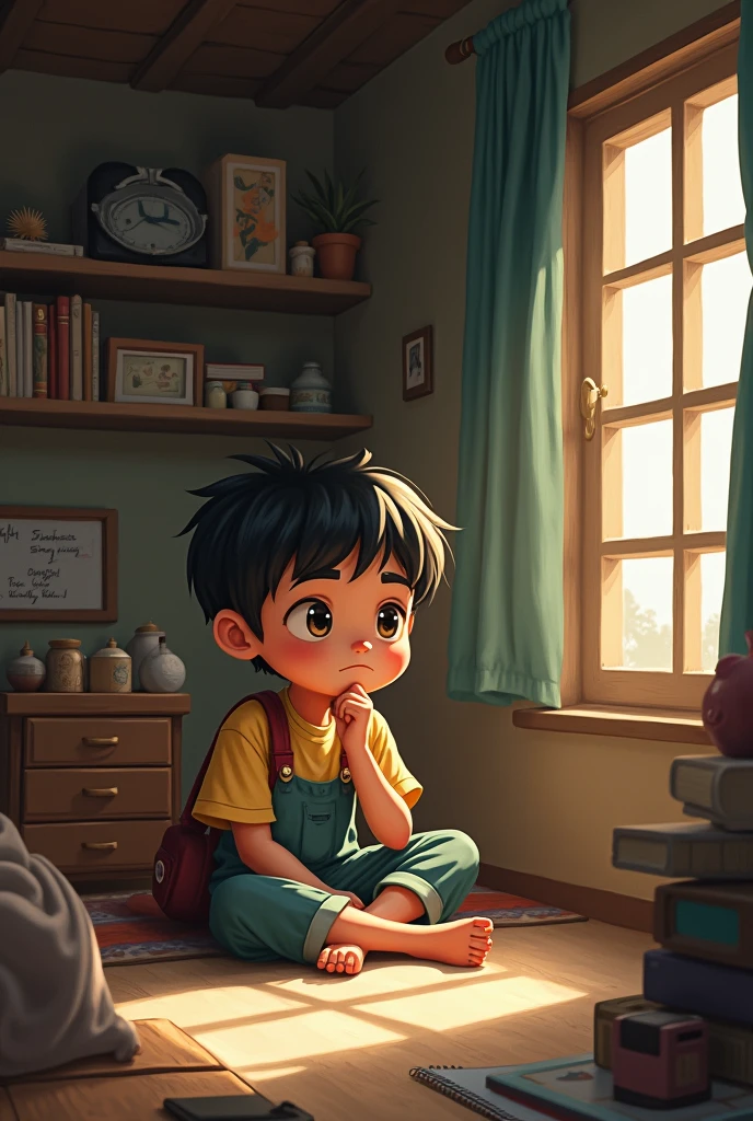 A small village boy lives in his room with clear thaughts 