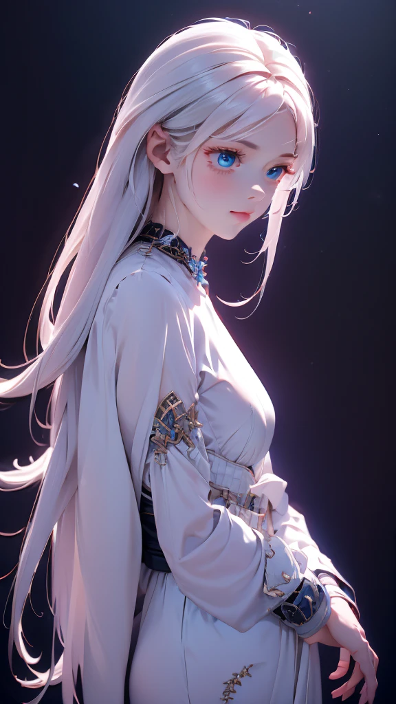 1 girl, medium light white hair, light blue eyes, wearing black suit , night city, absurdres , high res, ultrasharp, 8K, masterpiece, looking from behind