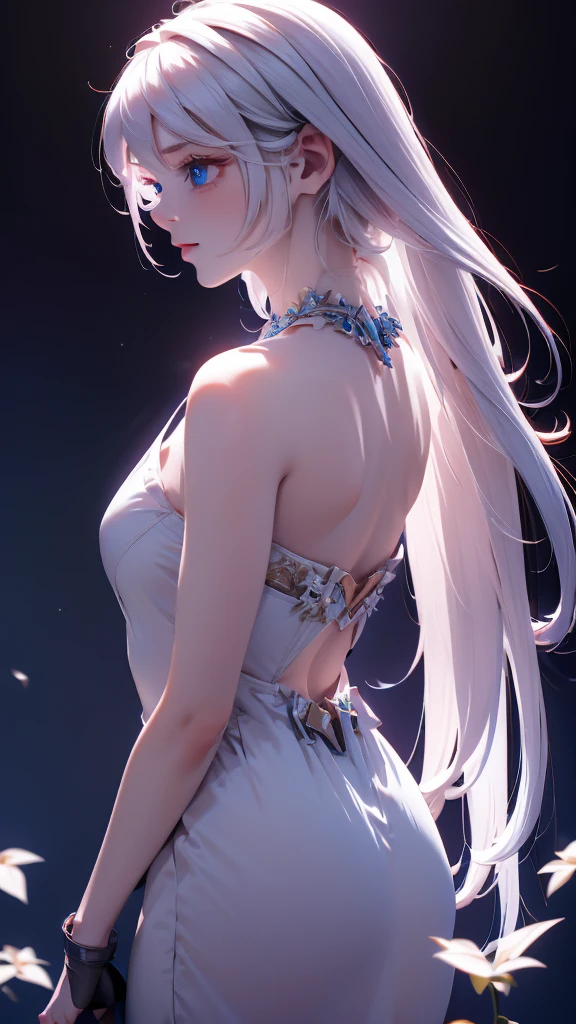 1 girl, medium light white hair, light blue eyes, wearing black suit , night city, absurdres , high res, ultrasharp, 8K, masterpiece, looking from behind