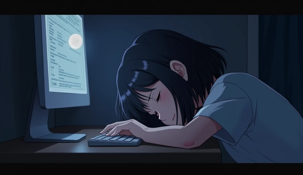 Sleeping face down on the computer desk,Girl,19 years old,Bluish black hair,Dark Room,Inside the room,Gentle moonlight,Heavy round bob hair,Plain white T-shirt,Anime Style, Shooting from an oblique angle,High resolution, Anti-aliasing