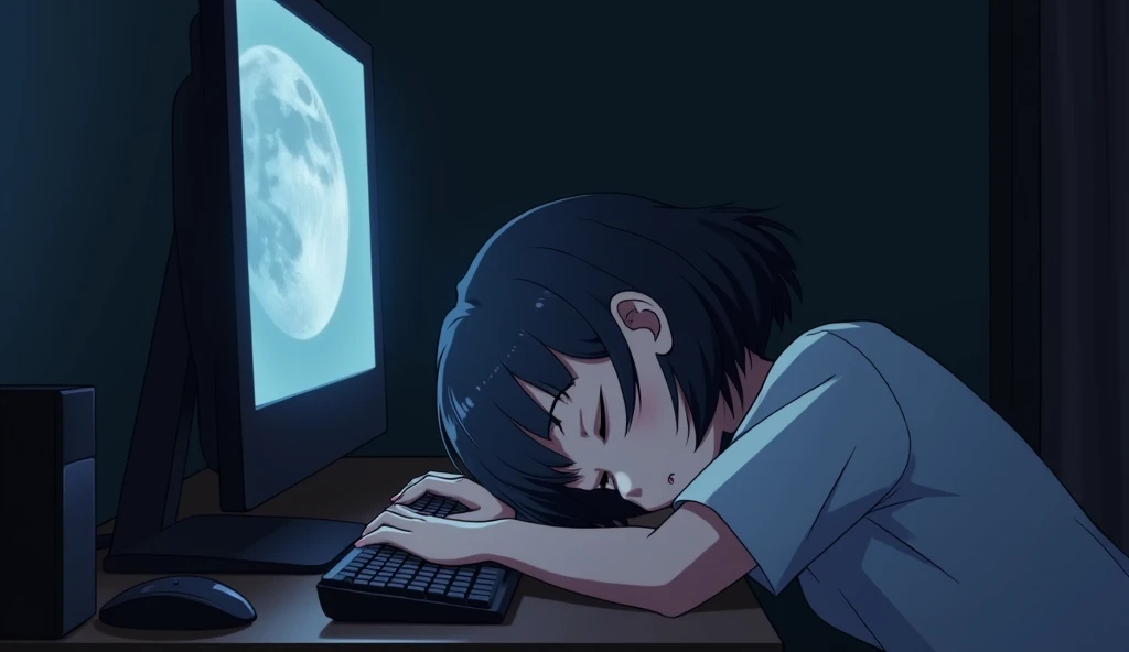 Sleeping face down on the computer desk,Girl,19 years old,Bluish black hair,Dark Room,Inside the room,Gentle moonlight,Heavy round bob hair,Plain white T-shirt,Anime Style, Shooting from an oblique angle,High resolution, Anti-aliasing
