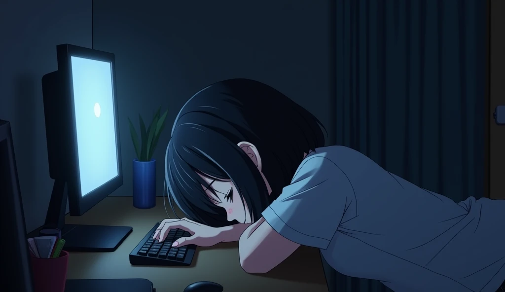 Sleeping face down on the computer desk,Girl,19 years old,Bluish black hair,Dark Room,Inside the room,Gentle moonlight,Heavy round bob hair,Plain white T-shirt,Anime Style, Shooting from an oblique angle,High resolution, Anti-aliasing