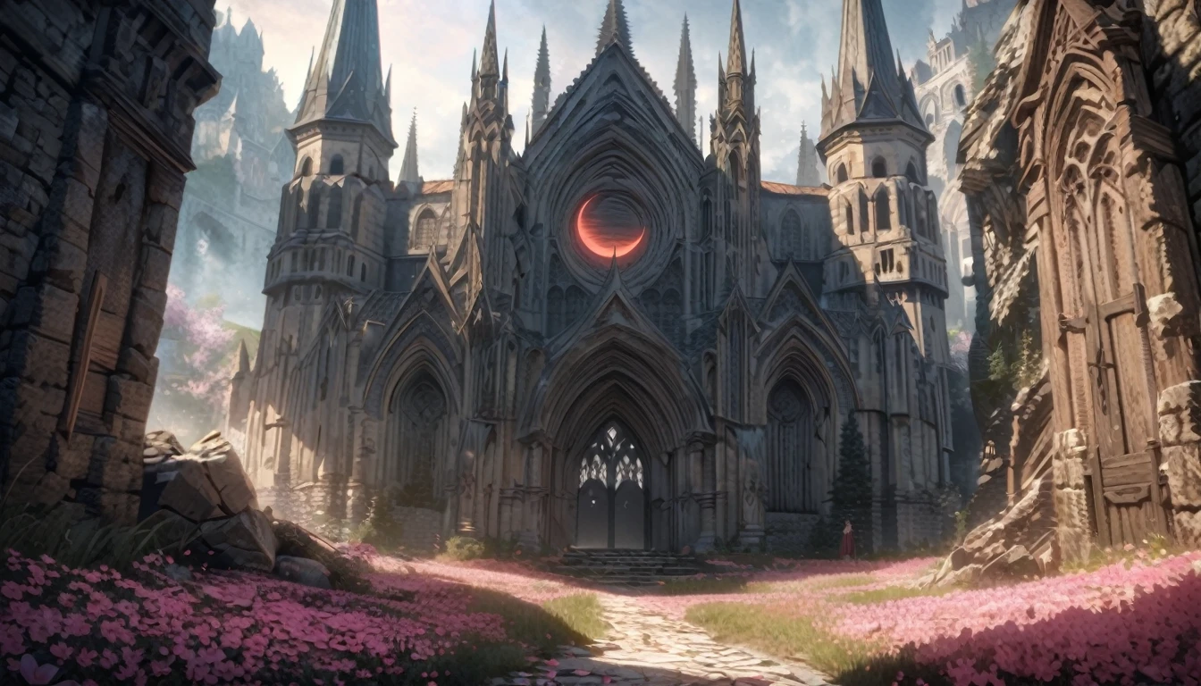 anime aestetics, fantasy landscape, medieval cathedral, broken walls, tall old wooden doors, black old broiks, broken road leading to the old cathedral, red solar eclipse, a lot of pink flowers with pointy petals, dark souls 3 eclipse, wide shot, front view, berserk eclipse, tragic atmospher, sad atmosphere, 4k, masterpiece:1.4, best quality,4k,high resolution ultra detailed, retina