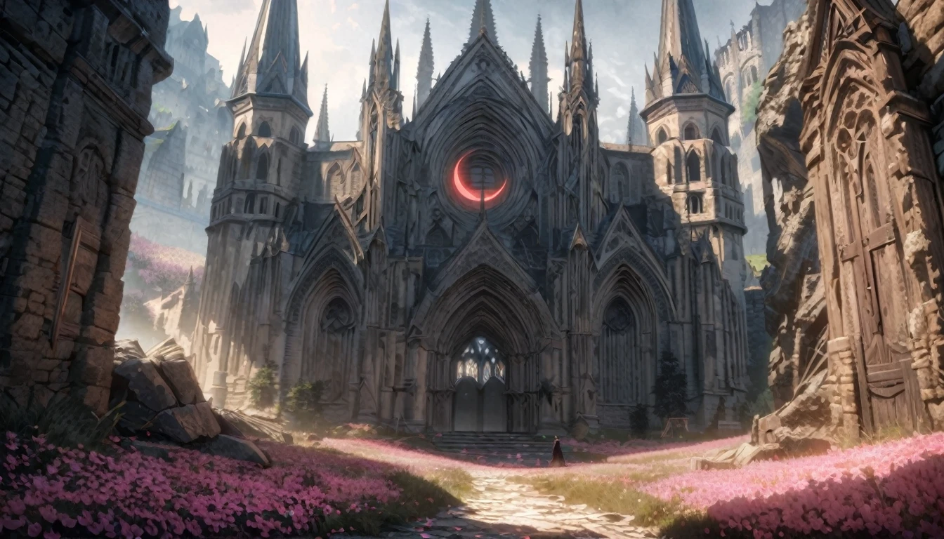 anime aestetics, fantasy landscape, medieval cathedral, broken walls, tall old wooden doors, black old broiks, broken road leading to the old cathedral, red solar eclipse, a lot of pink flowers with pointy petals, dark souls 3 eclipse, wide shot, front view, berserk eclipse, tragic atmospher, sad atmosphere,   4k, masterpiece:1.4, best quality,4k,high resolution ultra detailed, retina