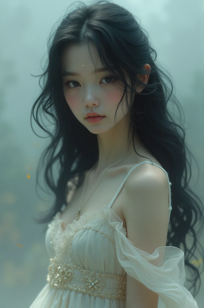  A girl with big eye long black hair wearing a dress
