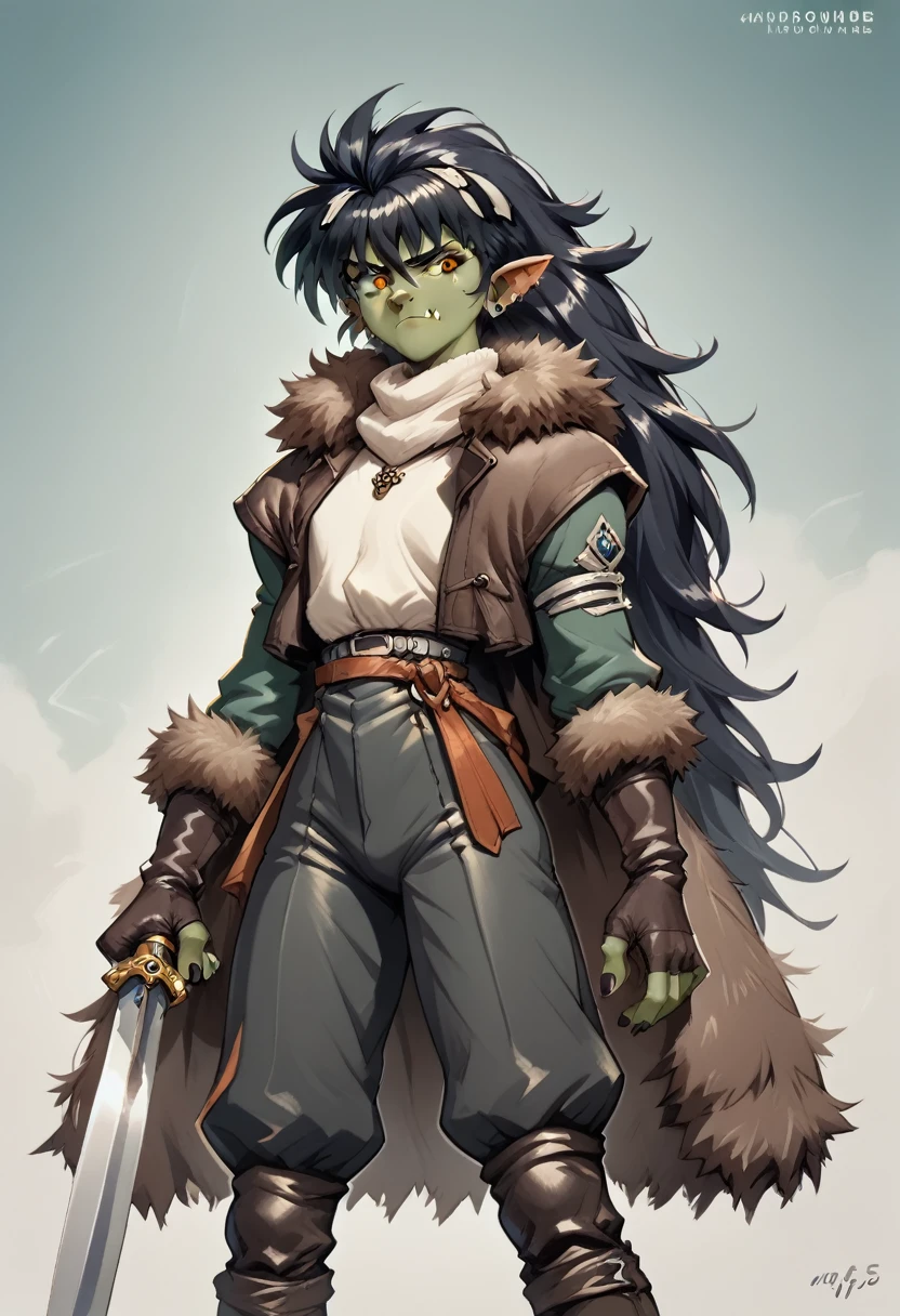  a Young adult berserker half orc jacked femboy dnd marauder jade skin, equipped with a black blade curse sword,thick,adventurer suit,fur coat in an 90’s style. He’s a young man with long hair,long ponytail messy hair, a serious expression,dynamic poses.The scene has a adventurous,dark mood,Lodoss war/planescape torment/Berserk style and a vibrant tone.