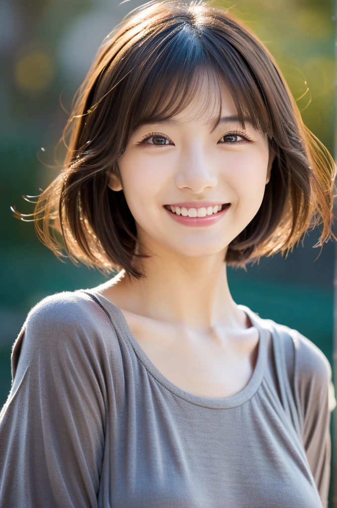 Image resolution 8K、Representative works:1.3)、Beauty、1 female、(魅力的なbody:1)、abdomen:1.1、Dark Brown Hair:1.1、(body:1)、Super detailed facial features、Attractive lips、double eyelid、Wearing a fashionable and stylish V-neck shirt、Super realistic and super cute details、Japanese women、10th generation(18-year-old)、Adorable smile with a smile、Hair blowing in the wind、short hair、Portrait in the studio、