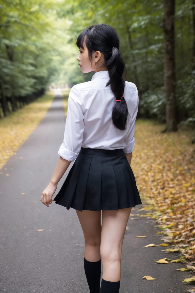 Highest quality,masterpiece,8k,One person,((change,Big Breasts,Girl:1.3)),((orgasm,blush,:1.3)),((Long Hair,Low twin tails)),Hair Ribbon,Sweat,Mizuki Shiranui,((school uniform,White shirt,Black Skirt,mini skirt,Lift up your skirt,Under the skirt,Black panties,Lace panties)),Black knee socks,forest,forest林,((((walk)))),((From behind:1.1))