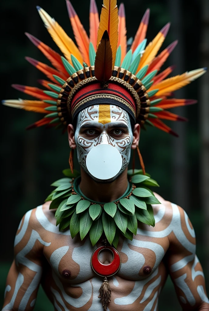 A portrait of a Highlander warrior from Papua New Guinea with elaborate face paint in white, yellow and black, featuring a large white disc covering the mouth. The warrior wears a traditional headdress made of colorful feathers, a necklace of green leaves with a red crescent moon pendant, and a white and black painted body. The background is blurred and dark.