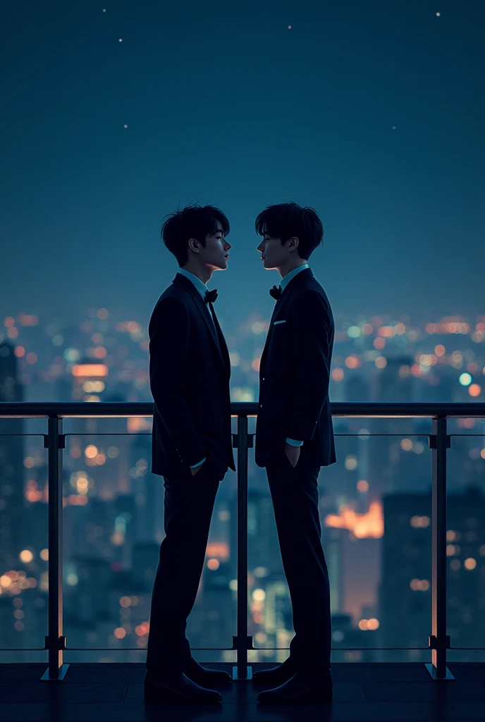 Can you make me the cover of a book where the two men are in love and meet again, one of the boys is Taehyung from bts and the other is jungkook from bts, You can put them on a balcony at a night party, that they are facing each other in the picture, as if they are talking to each other but they are not close, they are looking forward, but they are not looking at each other