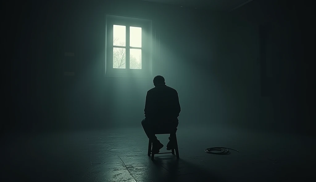 A top of the stool sitting man ready to suiciding in a dark wide room with hang up
And one front window