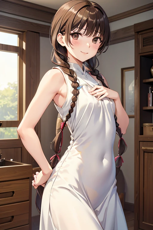 Yuno Shimazu、Shiny brown hair,Long Hair,  Hair that falls over the shoulders、((2 braids:1.5)),Beautiful brown eyes、Sparkling eyes, Fine grain、smile、Ultra-detailed eyes、Highly detailed face, Highly detailed eyes,Cowboy Shot、

 
最high quality、High resolution, masterpiece, high quality, 最high quality, beautiful, Perfect lighting, very cute,
 alone, ((Sleeveless tight-fitting long dress))、,
  ((Mid-chest)), Wide Hips,  blush, smile, View your audience, , Department stores on weekends, Place your arms behind your back,

