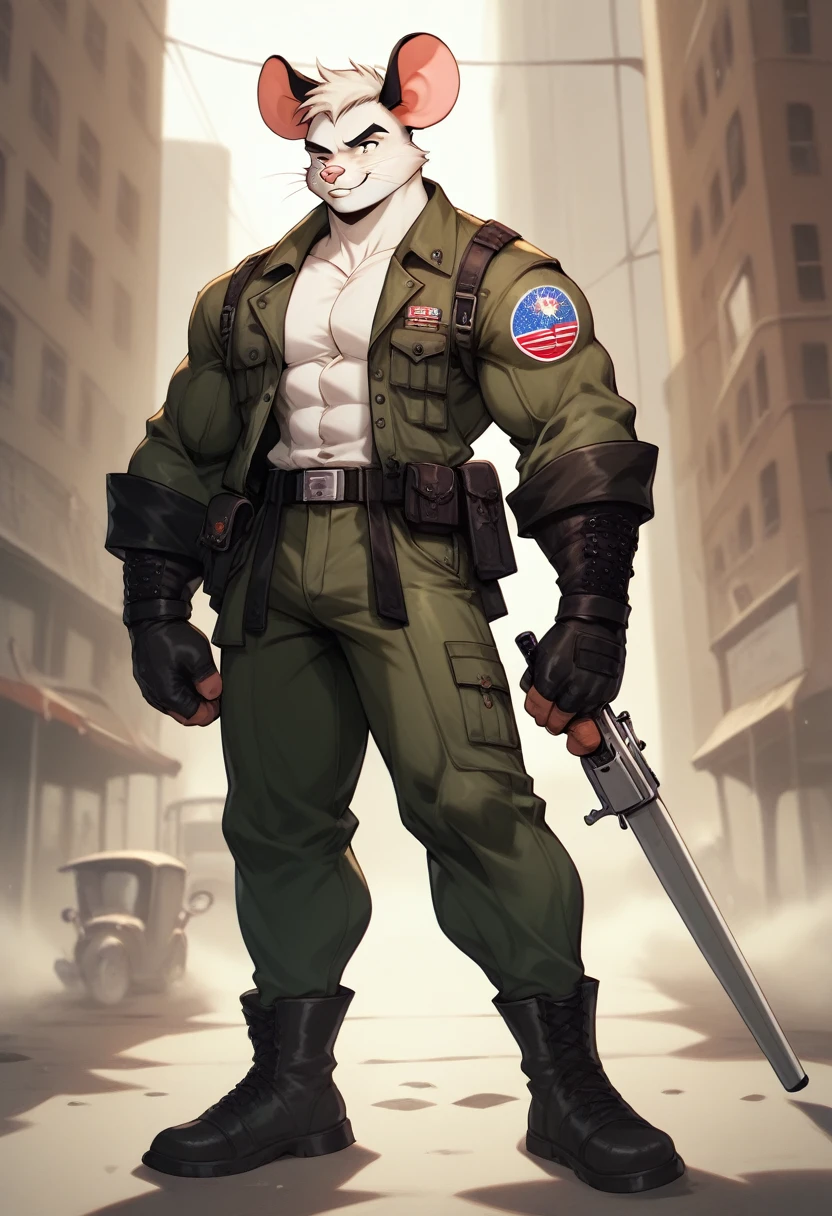 a anthropomorphic furry white mouse,mice buff,muscular man wearing a biker outfit,scars,Biker mice from mars,veteran,Vinnie,thick,young ,90’s style. He’s androgynous,equipped with some firearms weapons and a sensual ,cool expression,full body.The scene has a cool,sweet,sexual,samurai style and a vibrant tone.industrial setting in the background