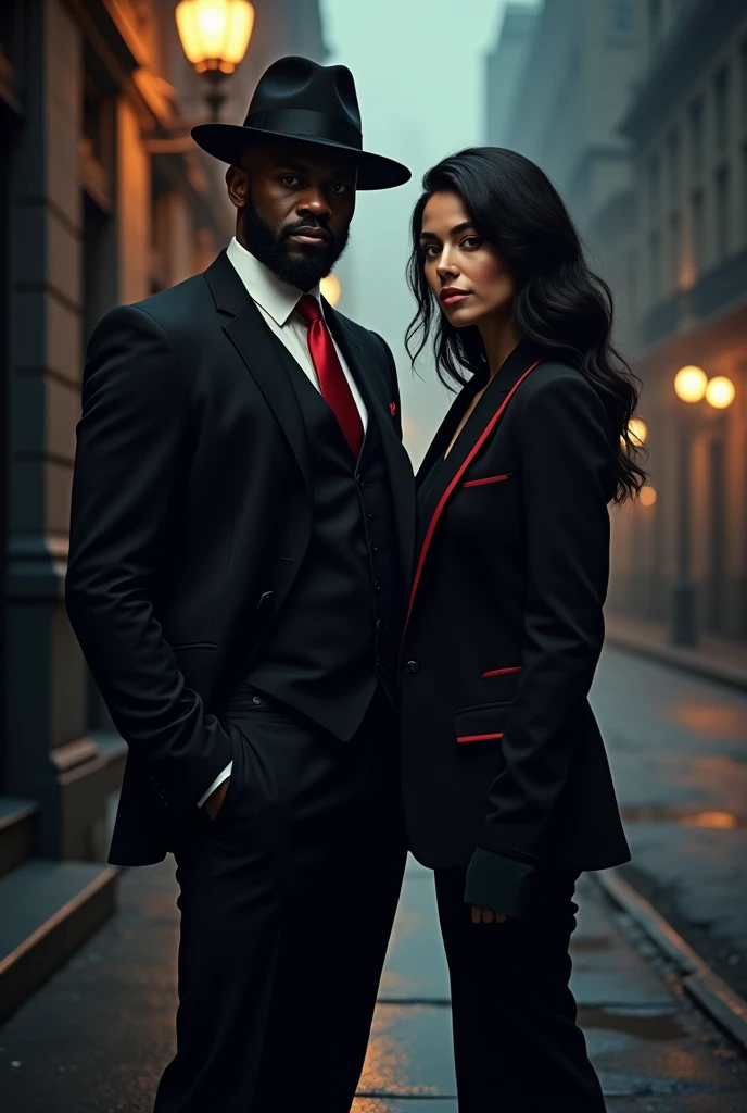 Create a black man in a suit and black hat with a red tie, from beside, make a woman in a black suit with red details. Do both in a dark street