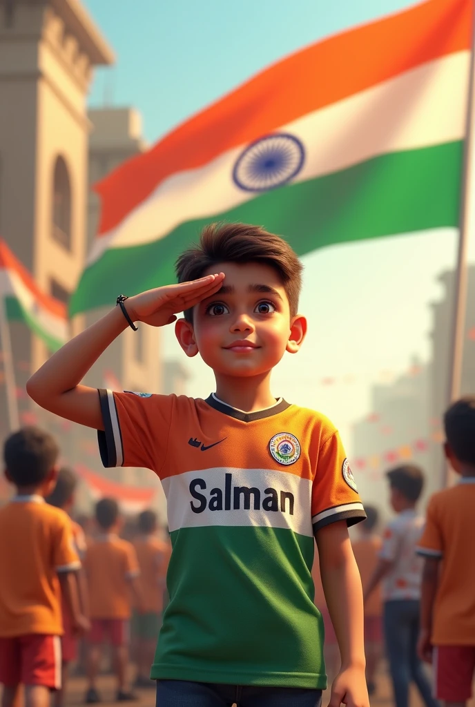 A boy is saluting the Indian flag and is wearing an Independence Day jersey. His name Salman is written on the jersey and there is an atmosphere of joy