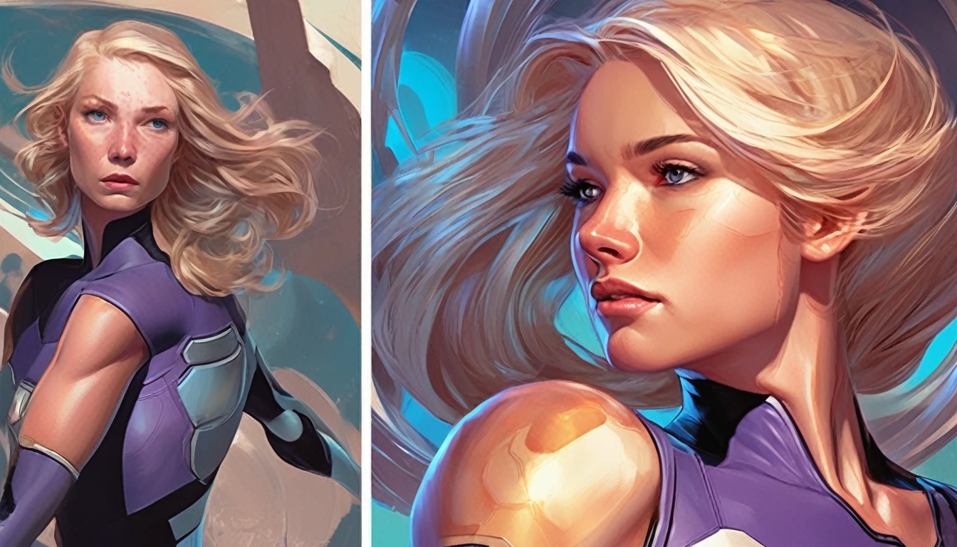 woman's waist up anncmtru, like Sue Richards from Fantastic Four, sci-fi, highy detailed, digitalpainting, art station, conceptual artwork, sharp focus, illustration, art by Tony Sart and artgerm and Randy Vargas