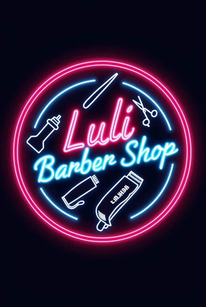 Neon round logo that says Luli barber shop that has barber scissors and razors and a hair clipper