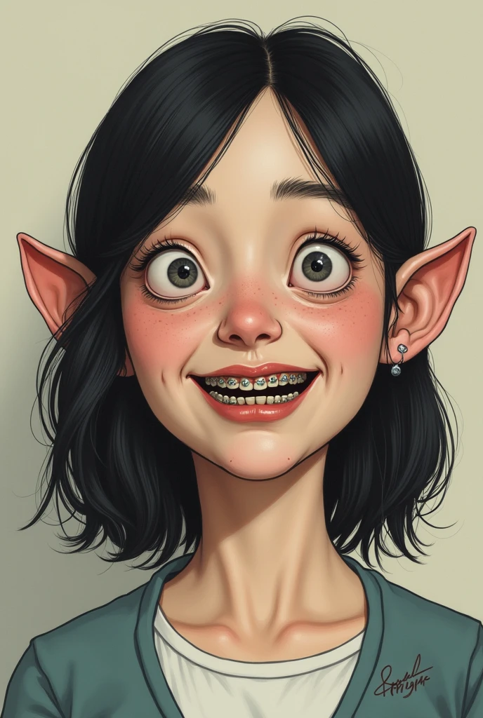 Une femme, laide, avec un appareil dentaire, les cheveux mi-long, un furoncle sur le menton coter gauche, un petit strabisme et des oreilles décoller.