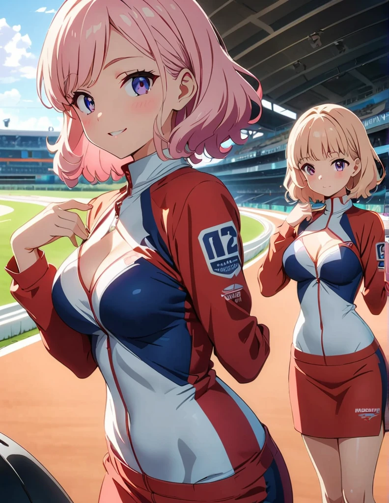 (anime artwork, anime style, studio anime, very detailed, up to date, vibrant, Anime Coloring, high contrast, masterpiece:1.2, best quality, best aesthetics),3 girl, Medium chest,random hair, One eye is hidden by the bangs, perfect proportions, high detail skin, Cute, detailed faces,racetrack,automobile races, precise fingers,curvy,paddock girl, from behind,full body, mini body con