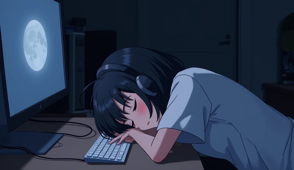 Sleeping face down on the computer desk,White keyboard,headphone,Girl,19 years old,Bluish black hair,Dark Room,Inside the room,Gentle moonlight,Heavy round bob hair,Plain white T-shirt,Anime Style, Shooting from an oblique angle,High resolution, Anti-aliasing