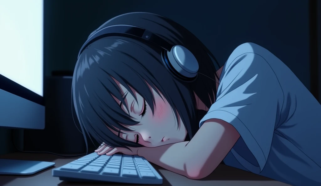 Sleeping face down on the computer desk,White keyboard,headphone,Girl,19 years old,Bluish black hair,Dark Room,Inside the room,Gentle moonlight,Heavy round bob hair,Plain white T-shirt,Anime Style, Shooting from an oblique angle,High resolution, Anti-aliasing