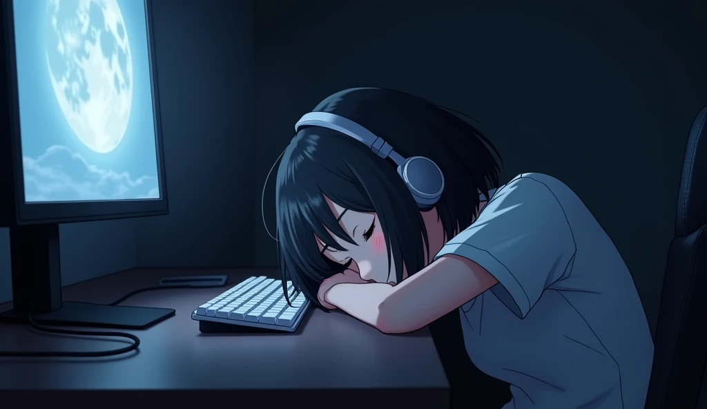 Sleeping face down on the computer desk,White keyboard,headphone,Girl,19 years old,Bluish black hair,Dark Room,Inside the room,Gentle moonlight,Heavy round bob hair,Plain white T-shirt,Anime Style, Shooting from an oblique angle,High resolution, Anti-aliasing