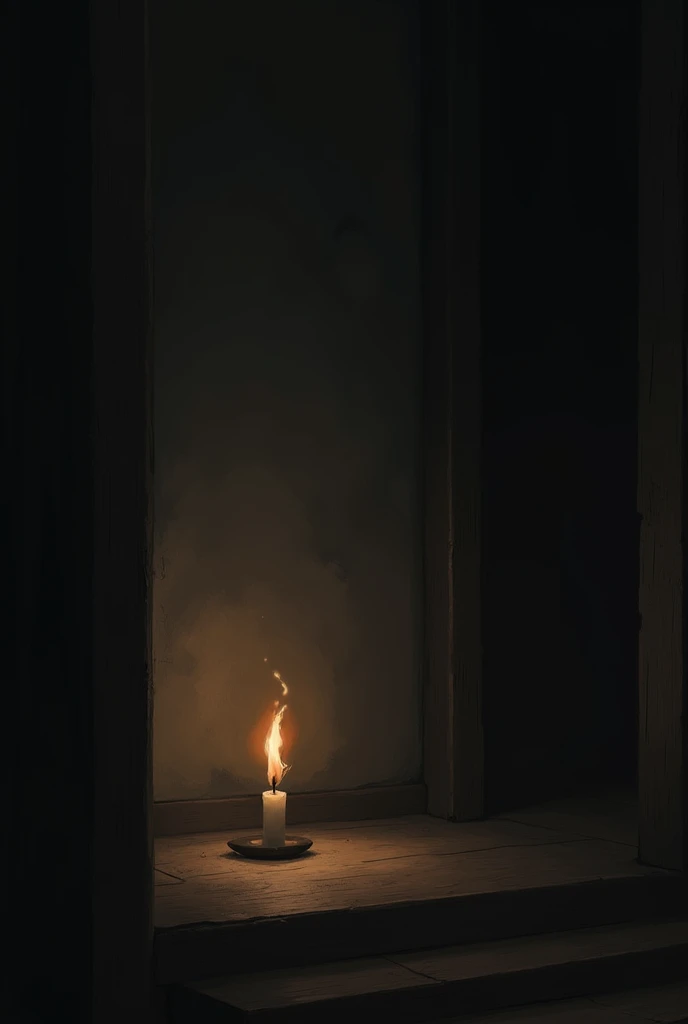 The candlestick is almost extinguished in the dark room.