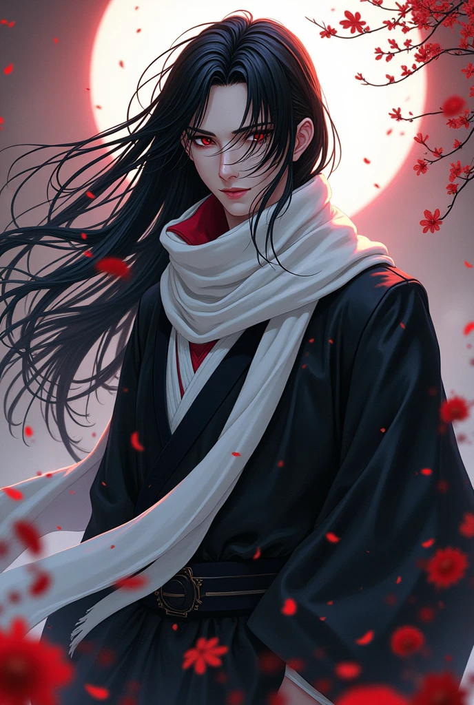 anime, a man with a black hair and a white scarf, from kenshin, akiyuki shinbou, okata kazuto, alucard, beautiful male god of death, manga character, anime character, rurouni kenshin, anime wallaper, inspired by Kamisaka Sekka, male anime character, shiro from deadman wonderland, l vampire
