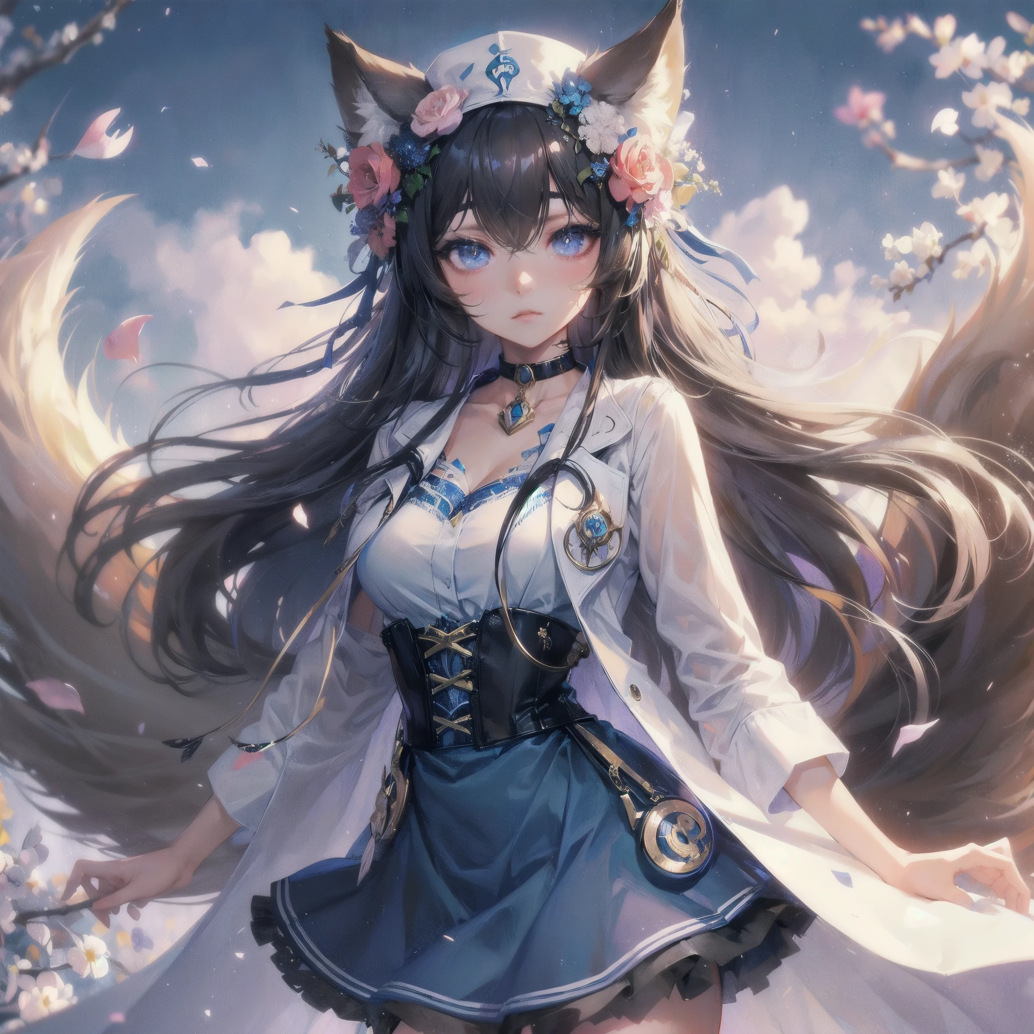 masterpiece, (textured skin), best quality, gorgeous beautiful, (a beautiful girl,wolf ears),detailed clothes,large breasts,narrow waist,, (beautiful face), cinematic lighting, (fantasy anime art ),