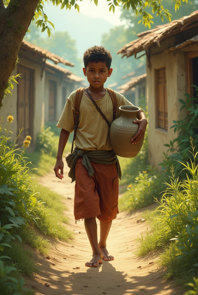 A small village boy take a jar full of water for olders