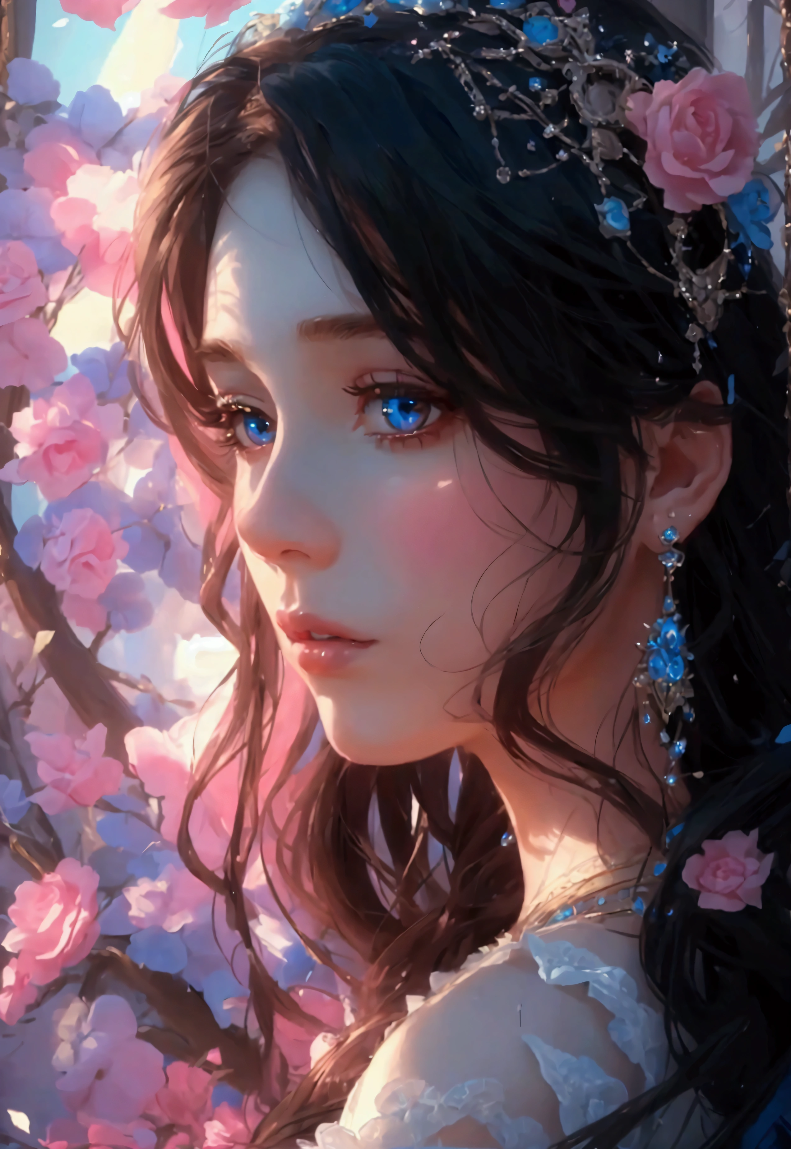((highest quality)), ((masterpiece)), (Get used to it), perfect face, adult woman, long and beautiful hair, valentine, pink and blue, delicate portrait, intricate details, flawless skin, beautiful eyes, elegant expression, dreamy atmosphere, soft lighting, romantic mood, delicate petals, ornate accessories, flowing fabric, graceful pose